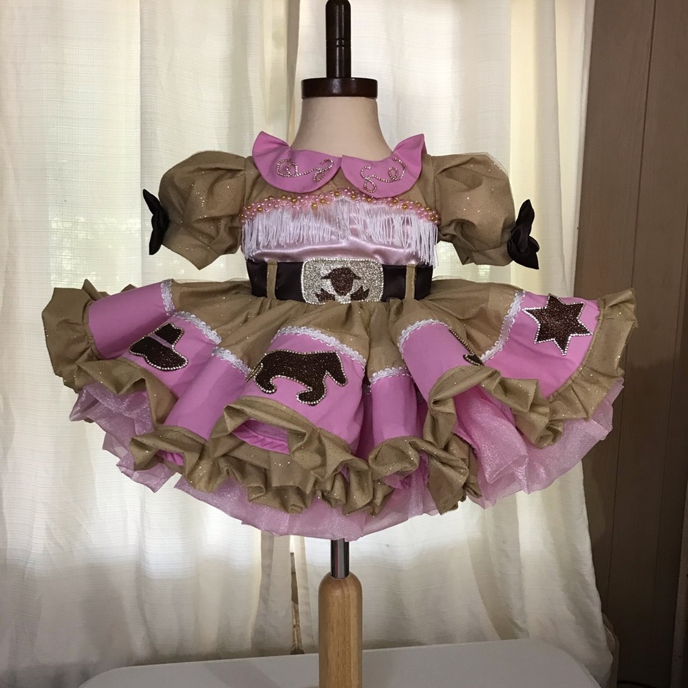 Pink & Gold Western-Style Girls Formal Dress with Glitter Accents
